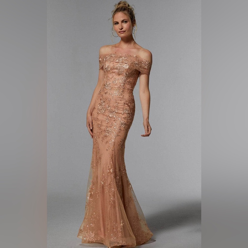 MGNY NWT Floral Embroidered Prom Mother of Bride Formal Dress Apricot Pink sz 8